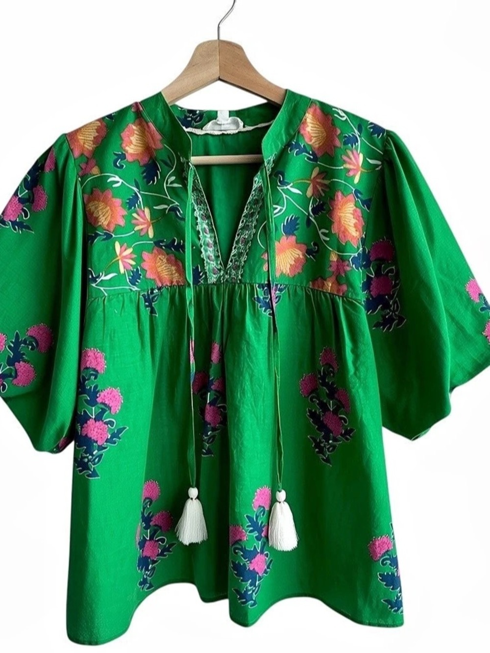 THML Floral Tassel Blouse Sz M Green babydoll puff Sleeves bogo